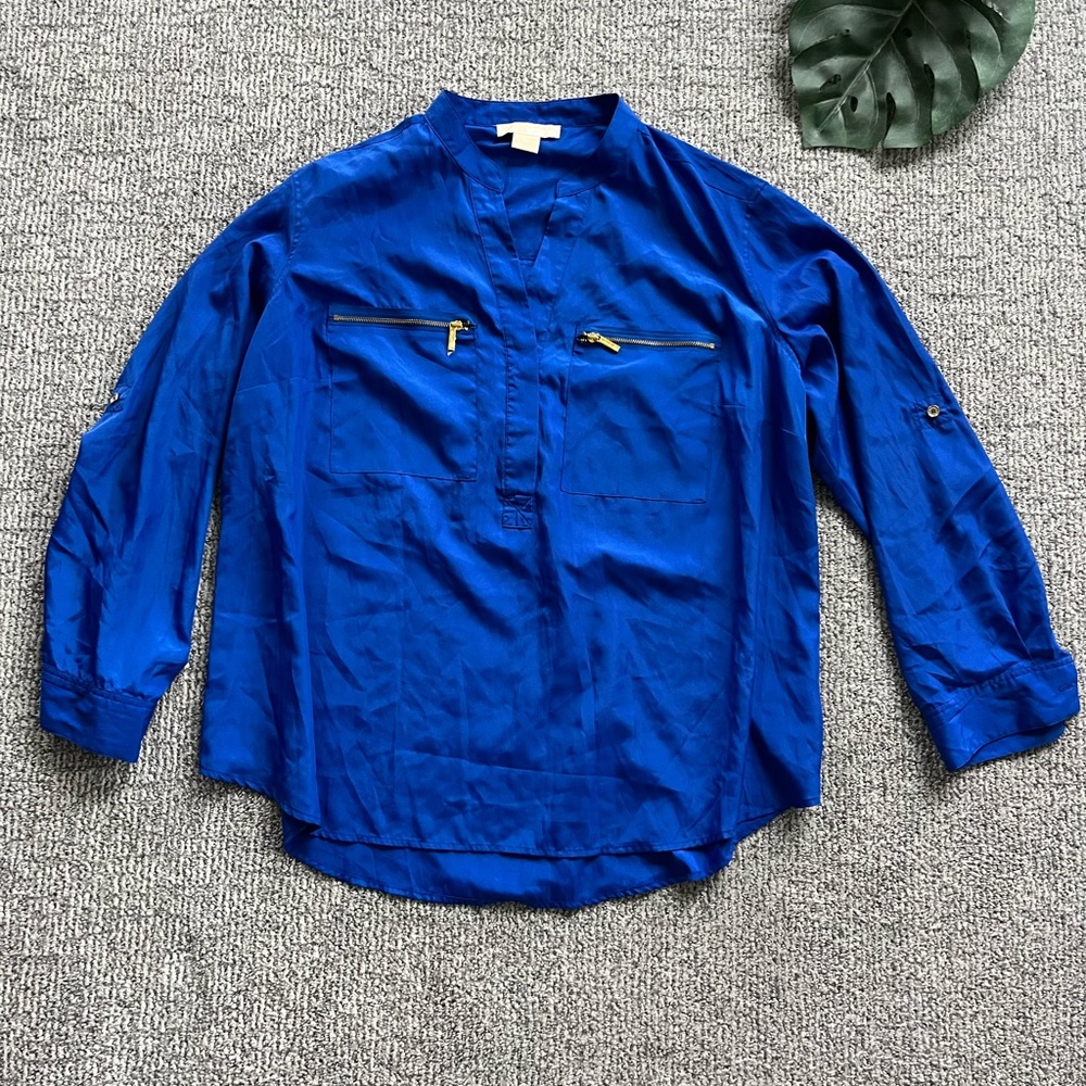 Michael Kors Cobalt Blue Button-Tab Sleeve Zip Pocket Blouse